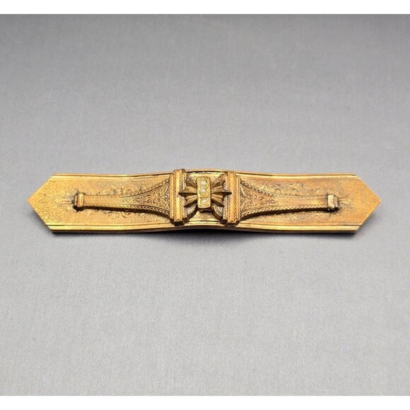 Antique Victorian Taille D'Épargne Seed Pearl Bar Brooch 3.75" Gold Tone? Etched - Picture 1 of 7